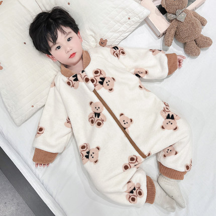 男童睡衣爬服秋冬季加绒保暖新款雪粒绒双层加厚休闲家居服连体衣
