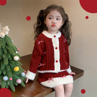 女童套装圣诞毛衣冬季撞色边针织开衫裙子洋气女宝宝洋气可爱两件