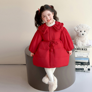 女童羽绒服秋冬保暖休闲女宝宝加绒加厚红色中长款儿童外套棉服款