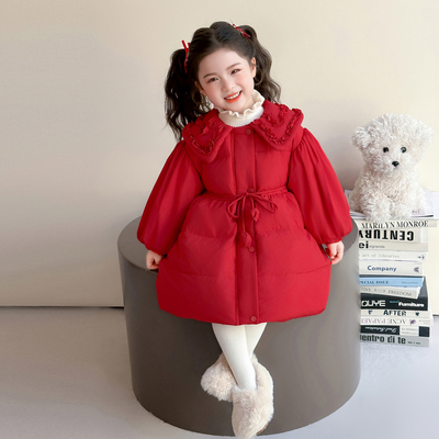 女童羽绒服秋冬保暖休闲女宝宝加绒加厚红色中长款儿童外套棉服款