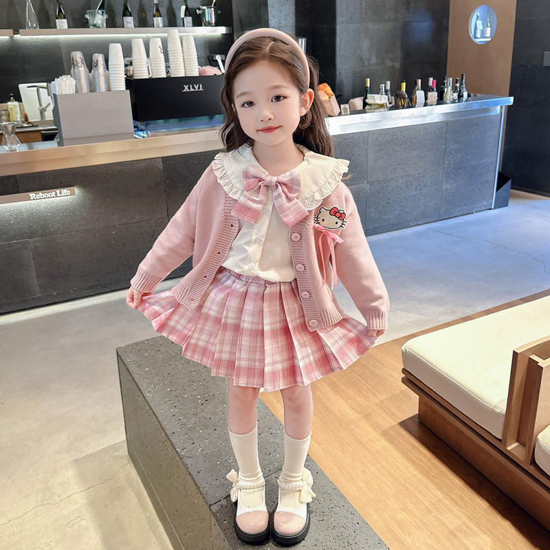 女童套装2025新款春秋女宝宝KT猫jk裙中小童款外出潮流休闲三件套