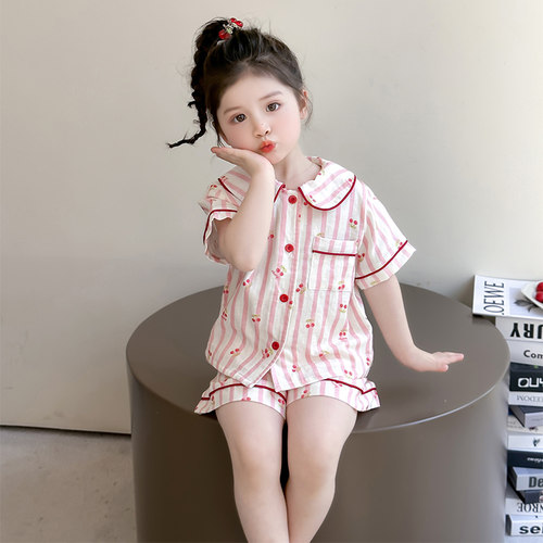 女童套装2025新款儿童夏款条纹短袖短裤女宝宝可爱小童家居服睡衣