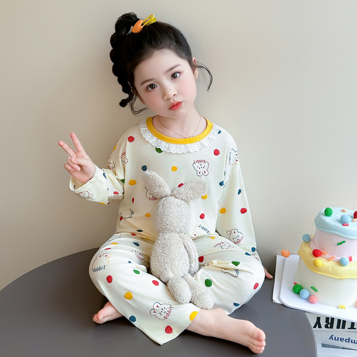 女童睡衣套装可爱风波点家居服长袖长裤莫代尔彩点兔花边女宝宝款