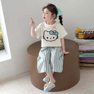 女童套装2025新款儿童夏款短袖KT猫条纹裤两件套女宝休闲小童洋气