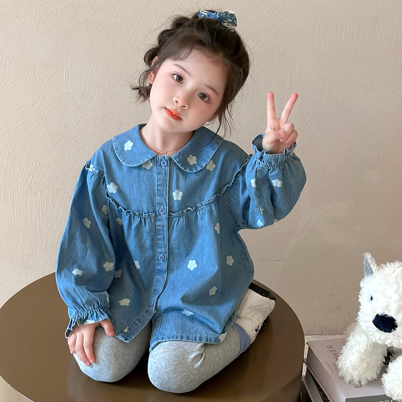 女童衬衫2025新款春秋满印花朵牛仔开衫上衣长袖女宝宝小童休闲款