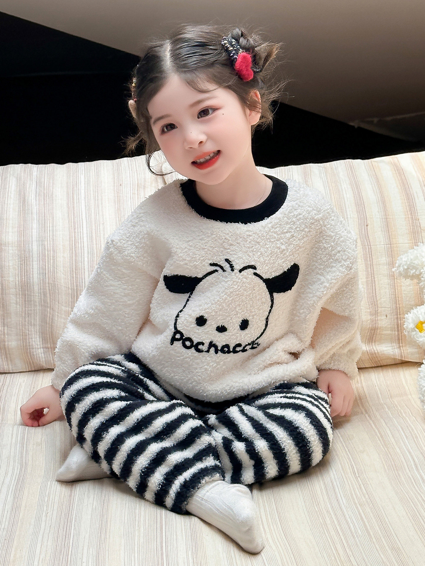 女童睡衣套装2025新款秋冬珊瑚绒女宝宝条纹裤线条狗法兰绒保暖款,童装/婴儿装/亲子装,家居服套装,淘宝优惠券,粉丝福利购,淘宝优惠卷