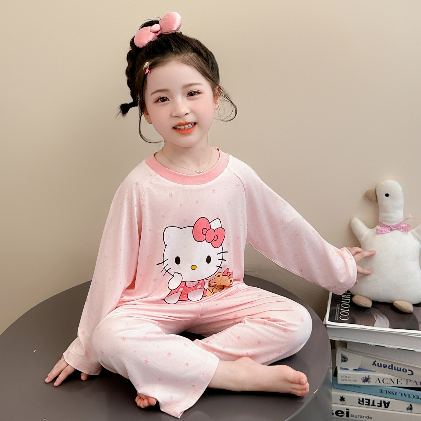 女童睡衣套装休闲薄款春夏季可爱猫咪长袖长裤莫代尔空调服家居服