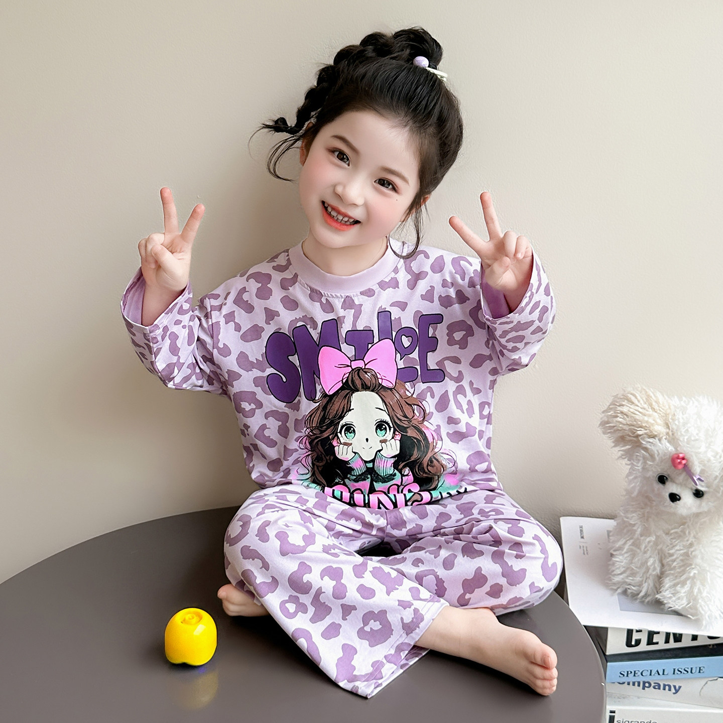 女童睡衣套装春秋季新款女宝宝休闲长袖长裤可爱豹纹小女孩家居服