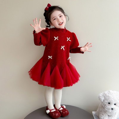 女童套装2025新红色蝴蝶结毛衣网纱裙女宝宝秋冬公主风洋气两件套