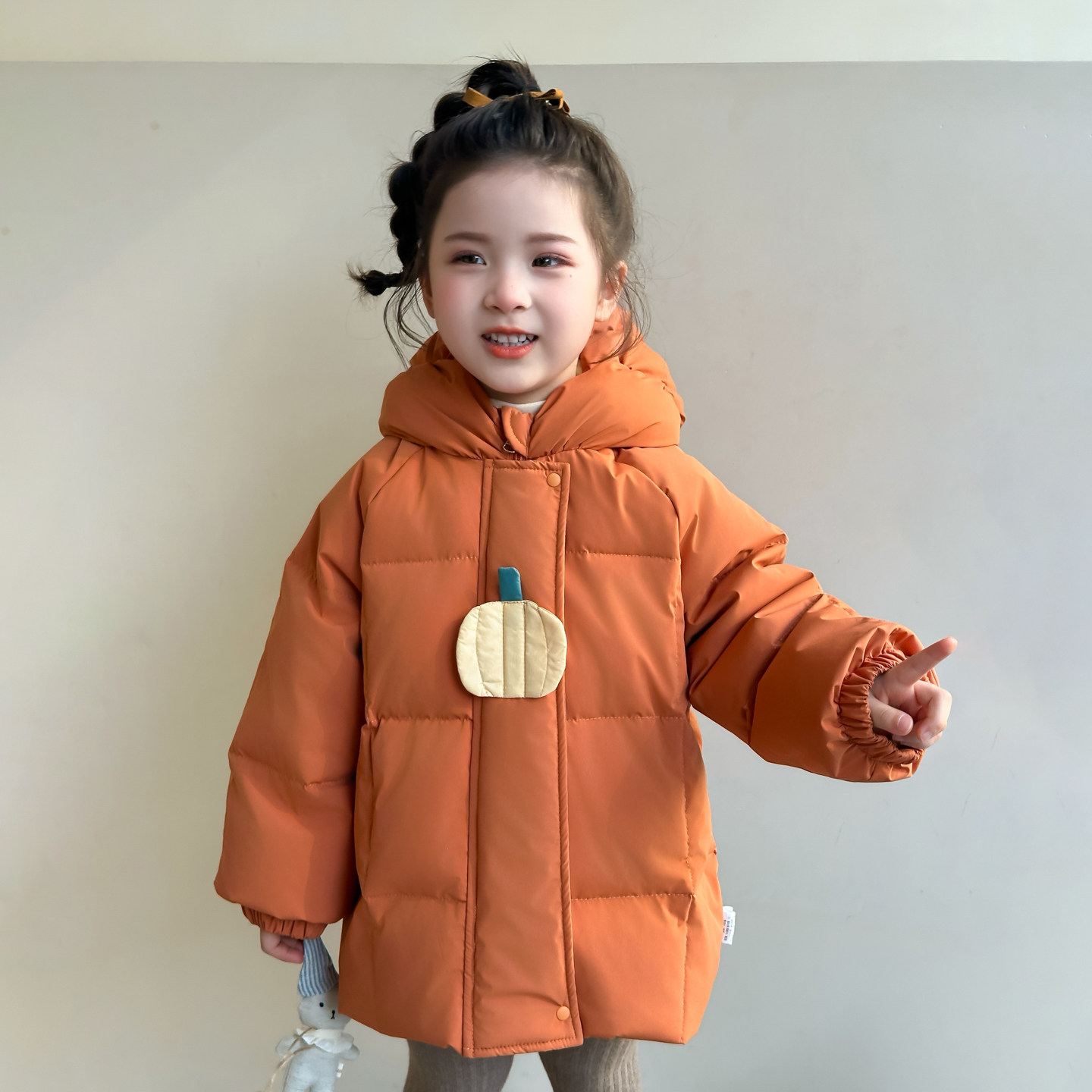 女童外套加绒加厚保暖棉服冬季连帽南瓜可爱橘色棉衣女宝休闲棉袄