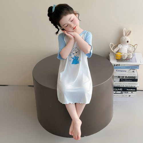 女童睡裙儿童休闲莫代尔春夏季薄款爱莎公主短袖空调服家居服睡衣