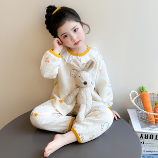 长裤 长袖 儿童家居服 女宝宝纯棉棉纱碎花兔子花边开衫 女童睡衣套装