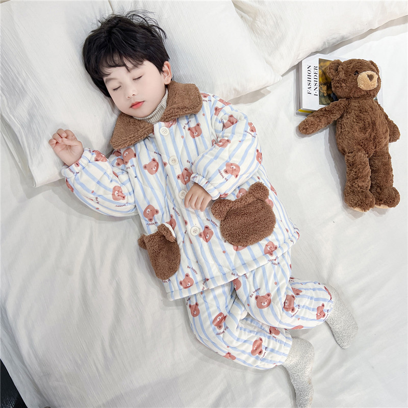 男童睡衣套装小熊卡通三层夹棉冬季加绒加厚保暖儿童法兰绒家居服