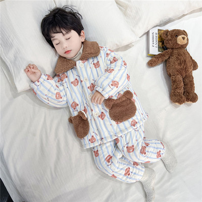 男童睡衣套装小熊卡通三层夹棉冬季加绒加厚保暖儿童法兰绒家居服