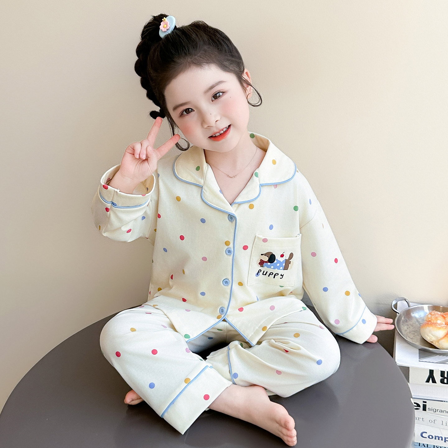 女童睡衣套装春秋新款翻领开衫长袖长裤波点休闲家居服女宝宝纯棉