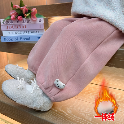 女童裤子加绒加厚灯芯绒长裤秋冬款儿童一体绒女宝宝毛绒阔腿裤款