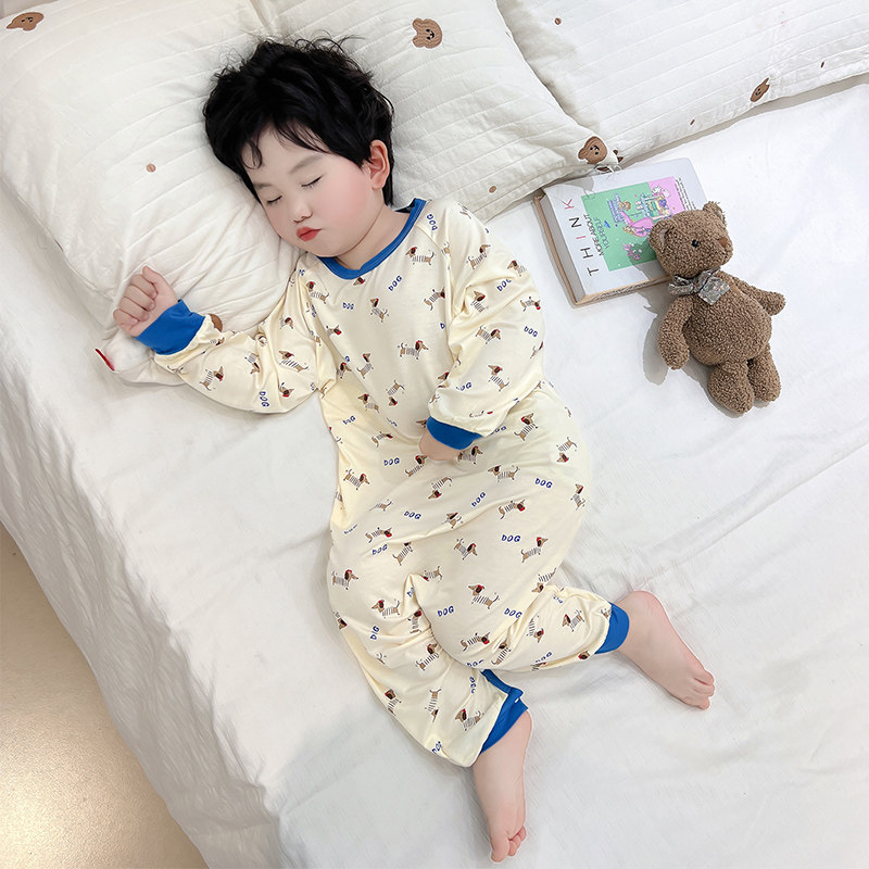 男童连体睡衣2026新款春男宝宝可爱拼色圆领腊肠狗莫代尔长袖爬服