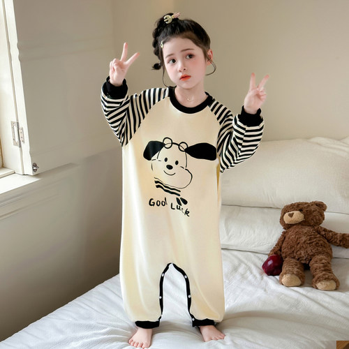 女童连体睡衣休闲长袖长裤羊毛拉架条纹袖儿童空调服家居服睡袋款