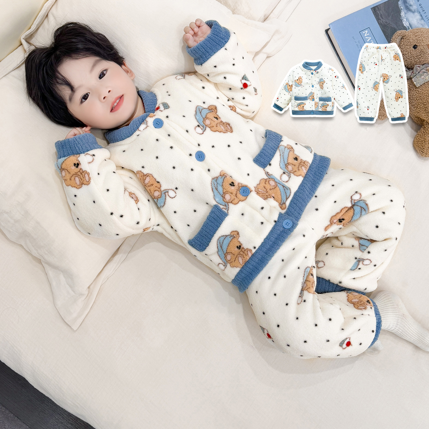 男童睡衣套装2025新款秋冬珊瑚绒保暖双层加厚法兰绒家居服两件套