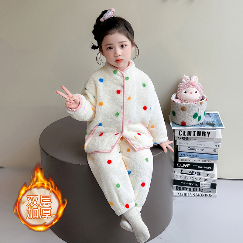 女童睡衣套装珊瑚绒家居服冬季加厚保暖波点开衫双层加绒法兰绒款