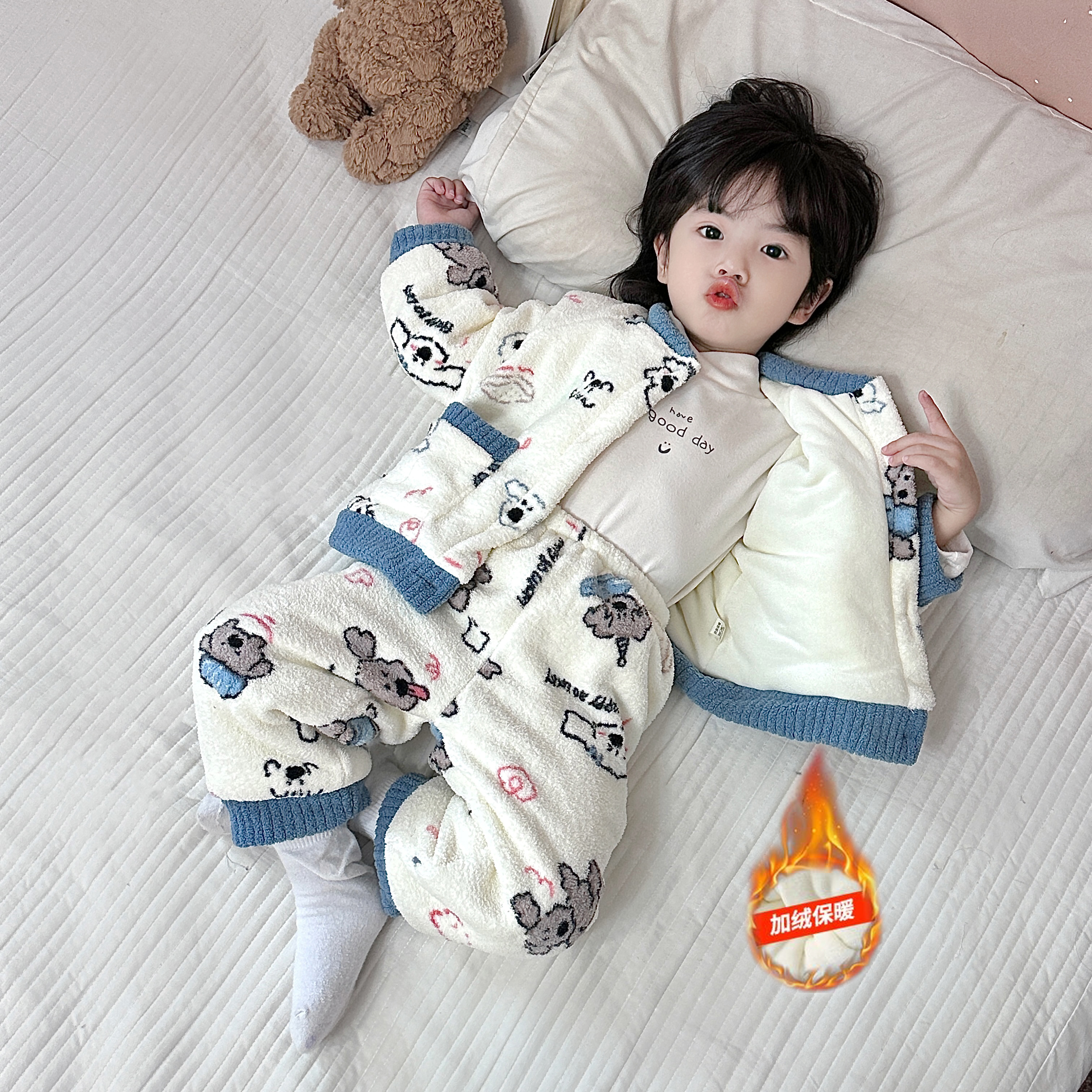 男童睡衣套装新款秋冬男宝宝中小童保暖双层款加厚加棉开衫家居服