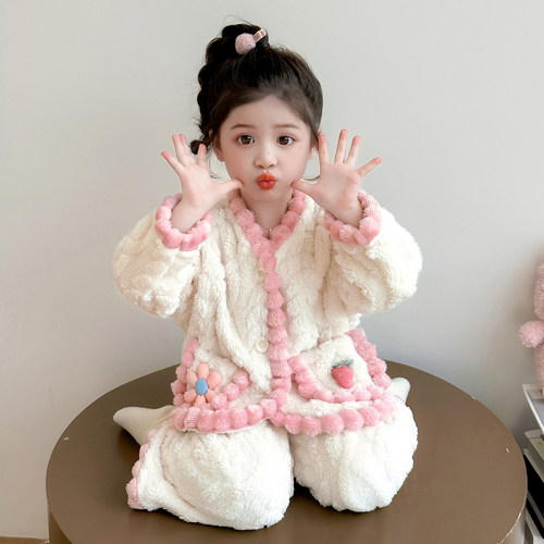女童睡衣套装2025新款秋冬开衫可爱珊瑚绒家居服休闲法兰绒两件套
