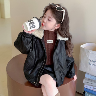 女童外套2025新款保暖秋冬季翻领皮衣加绒加厚毛边领中小童女宝宝
