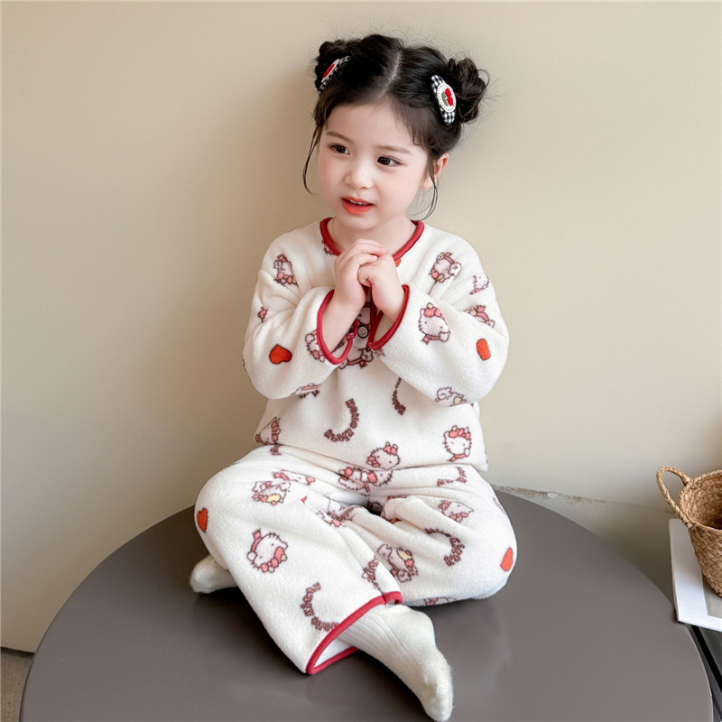 女童睡衣套装2025新款秋冬儿童法兰绒可爱KT猫保暖家居服珊瑚绒款