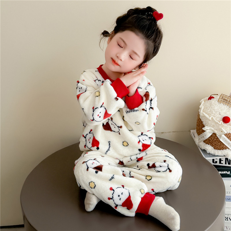 女童睡衣套装2025新款秋冬法兰绒女宝宝雪人居家服珊瑚绒可爱保暖