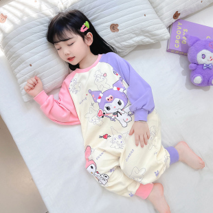 居家服 式 女童连体睡衣2025新款 春秋羊毛拉架拼色爬服女宝宝休闲款