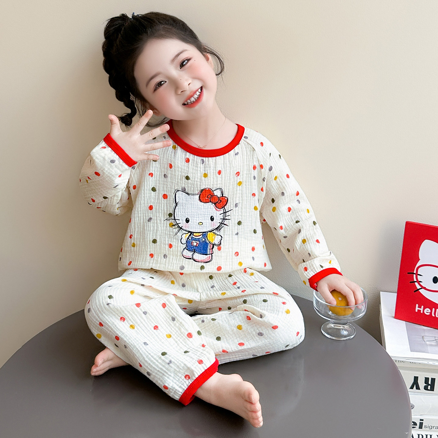 女童睡衣套装儿童纯棉纱布长袖长裤圆领休闲家居服可爱波点KT猫款