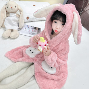 女童睡衣2025新款秋冬加绒加厚珊瑚绒款式兔子连帽开衫女宝宝睡袍