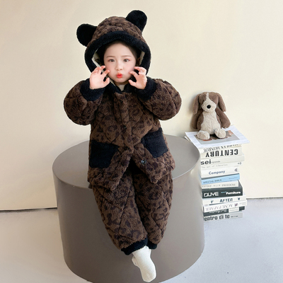 女童睡衣套装冬季珊瑚绒三层夹棉加厚小熊头家居服法兰绒连帽两件