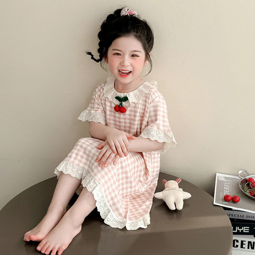 女童睡裙春夏季新款儿童女宝宝莫代尔格子樱桃花边睡裙休闲空调房