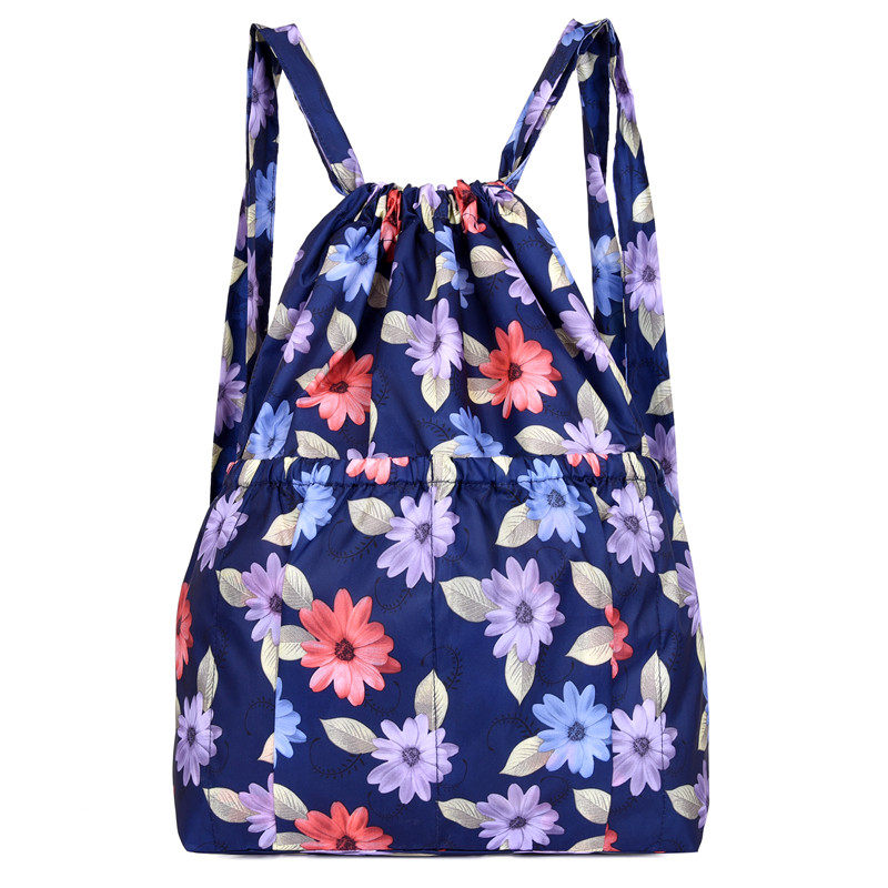 印花时尚简约抽绳花朵印花软包女包双肩背包旅行背包竖款方形