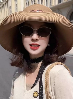 大檐渔夫帽夏季草编帽子女款防晒帽遮阳帽海边沙滩度假草帽太阳帽