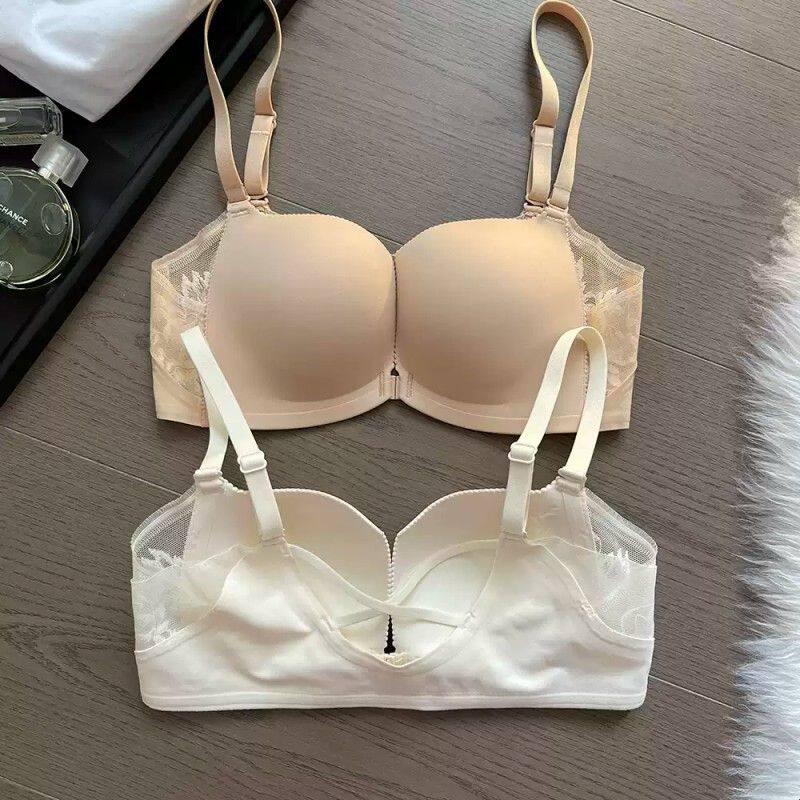 又薄又聚拢美背前扣内衣夏季小胸无钢圈交叉无痕薄杯一片式文胸