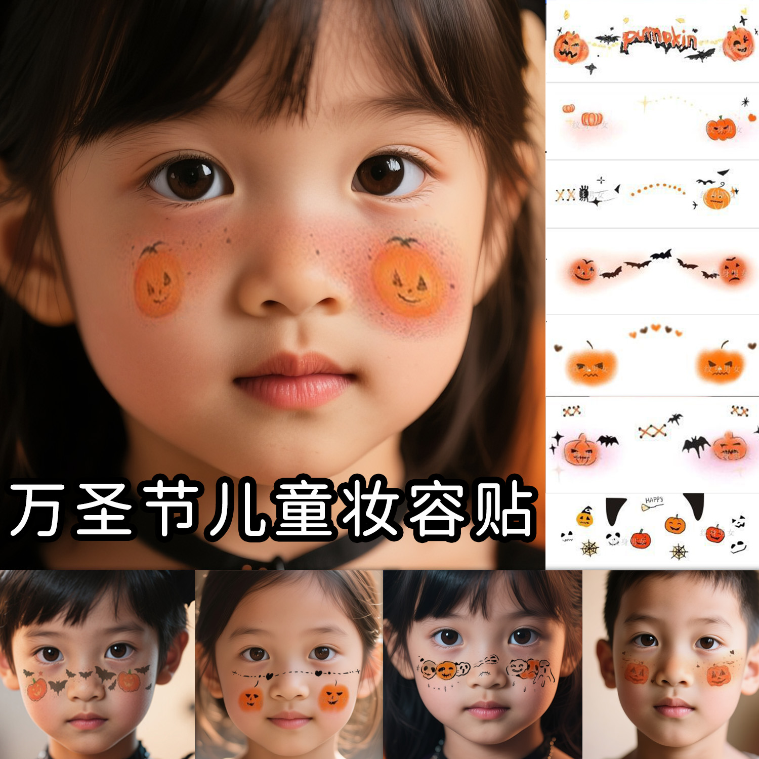 万圣节贴纸脸部彩绘儿童道具妆容贴纹身贴南瓜女巫装扮恶魔脸贴女童腮红水印脸部面部女孩蝙蝠化妆装饰品头饰