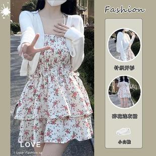 上衣两件套 套装 女2025夏款 新款 甜美收腰碎花连衣裙A字裙开衫
