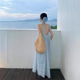 海邊裙子氛圍感提花吊帶露背仙女裙飄逸超仙連衣裙甜美度假沙灘裙