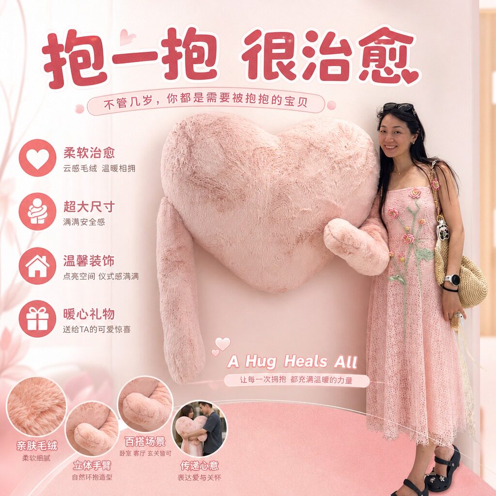 超大爱心抱抱枕长臂毛绒玩具巨型粉色心形抱枕商场美陈拍照道具