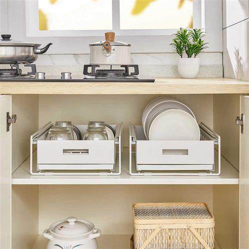 单层矮抽拉式碗架沥水架杯盘子碗碟架厨房下水槽置物架橱柜内拉篮