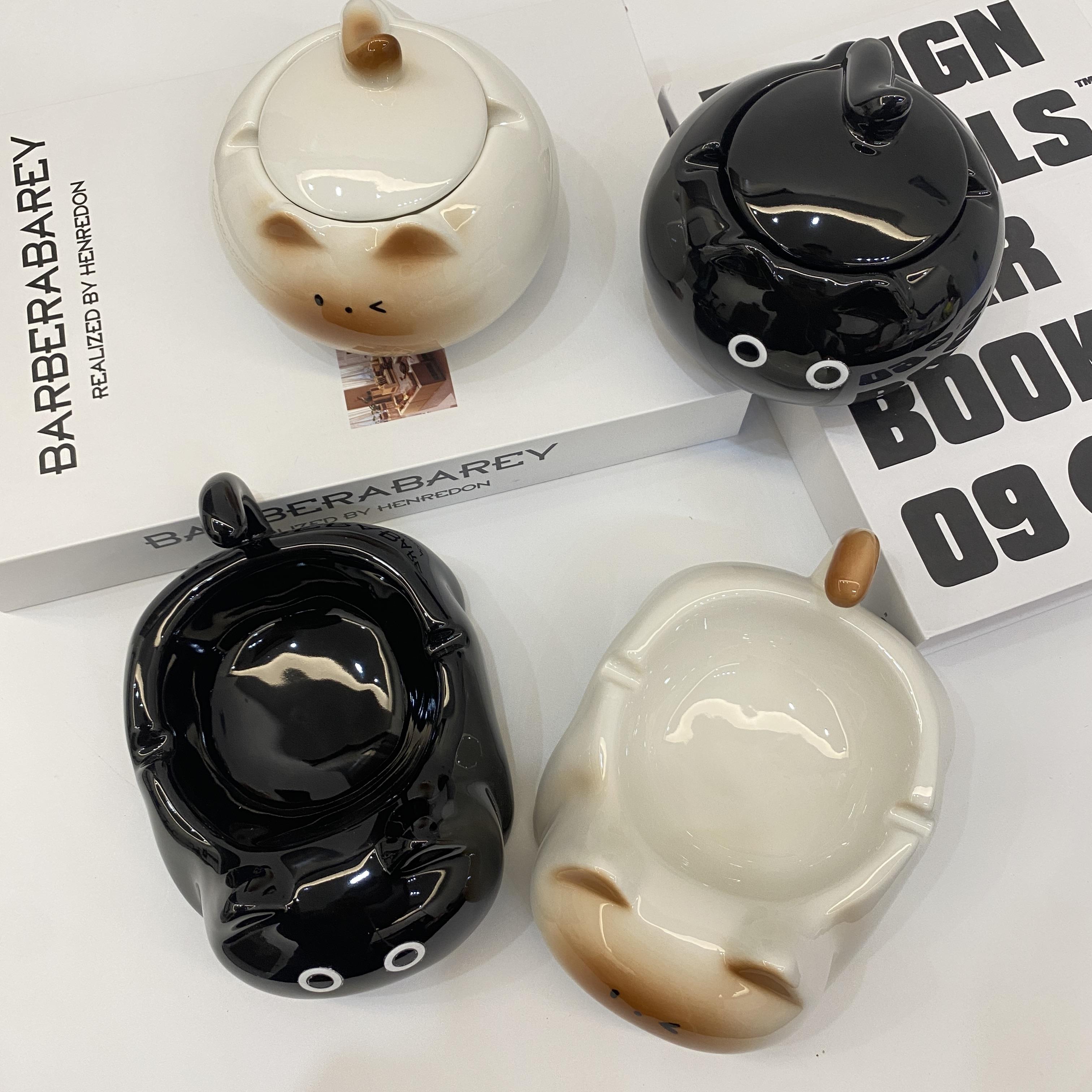 诺梵创意可爱烟灰缸客厅办公室桌面防飞灰带盖子陶瓷泰国猫烟缸摆