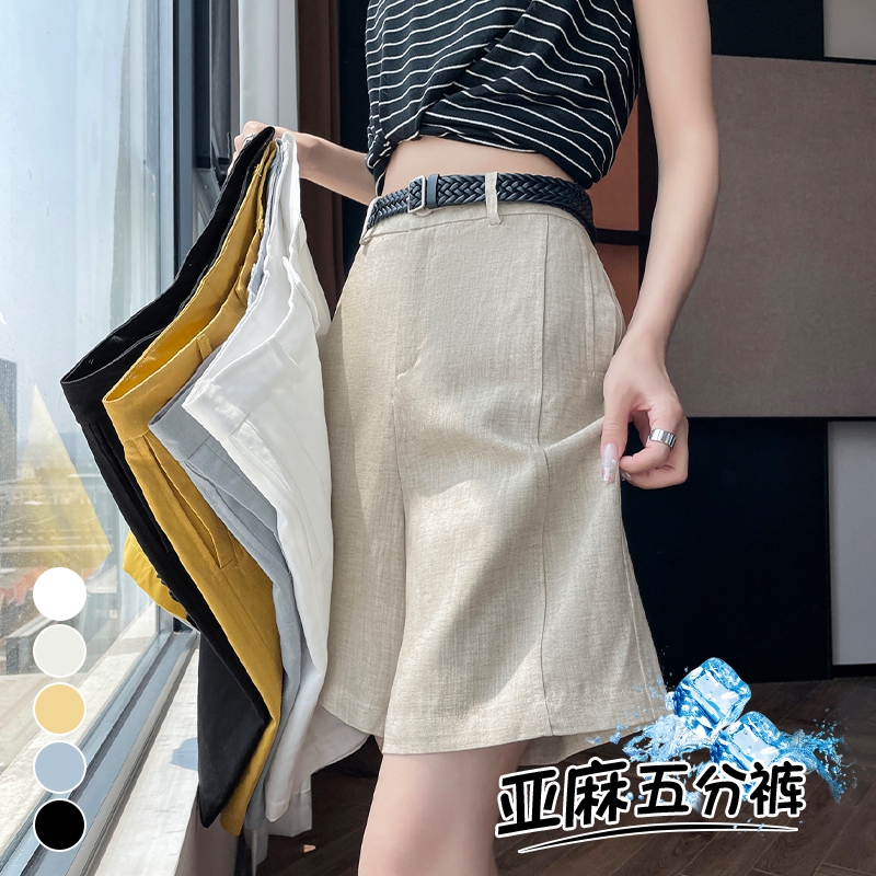 栀夏白色冰丝五分亚麻休闲阔腿裤短裤子女2025新款夏今年流行爆款