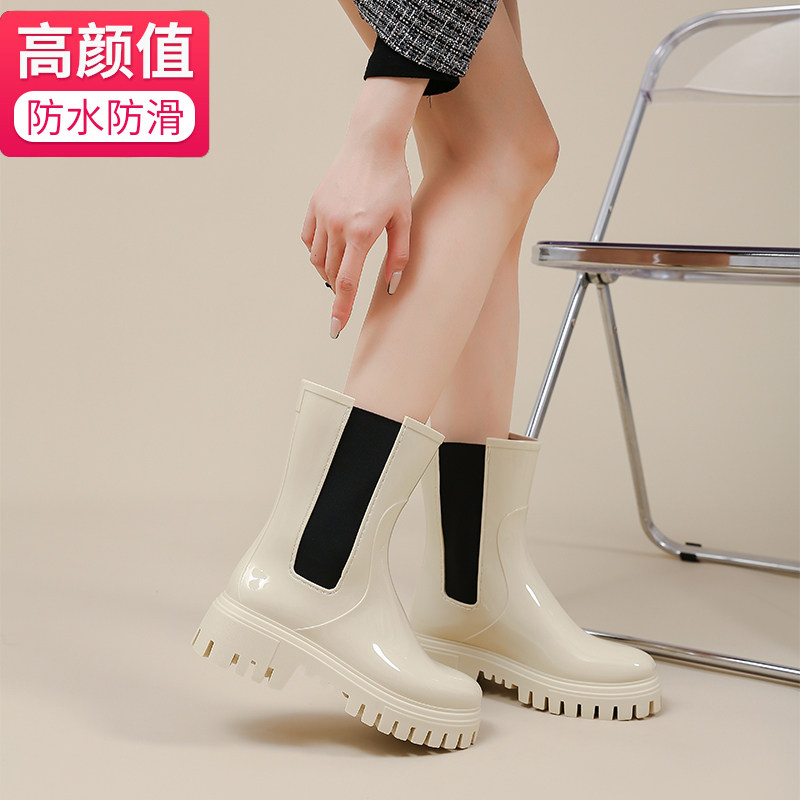 厚底烟筒切尔西英伦风内增高马丁靴子中筒女鞋2023新款黑白色雨鞋