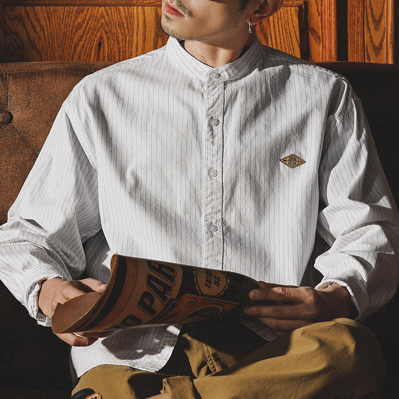 日系无领衬衫男长袖纯棉宽松休闲美式复古立领衬衣竖条纹初春外套