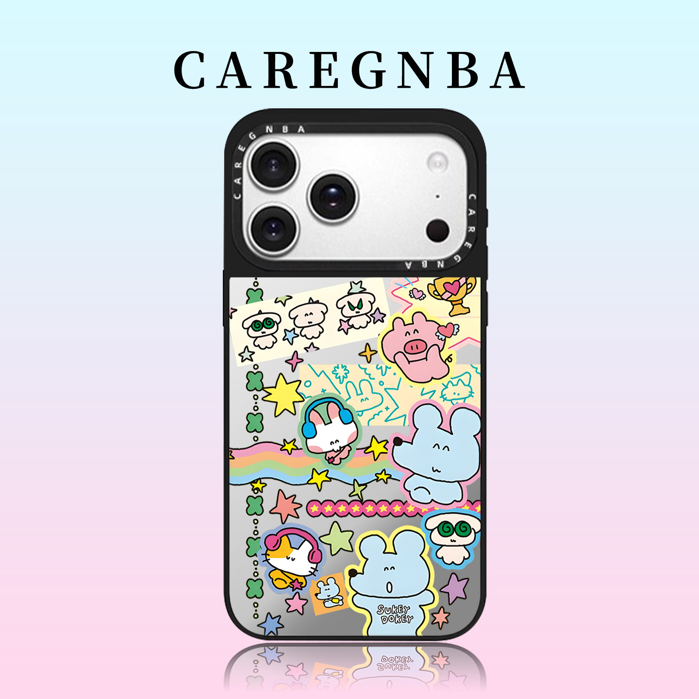 CAREGNBA联名Sukeydokey可爱动物手帐贴纸适用苹果17ProMax手机壳iPhone16pro透明15plus镜面14防摔13全包12