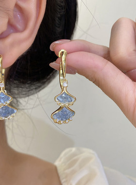 蓝色银杏叶前后戴银针耳环独特设计感时尚百搭潮流耳饰秋冬新款