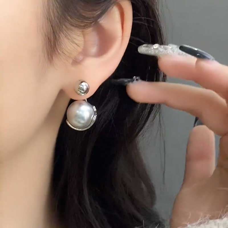 法式小香风前后戴灰珍珠耳钉