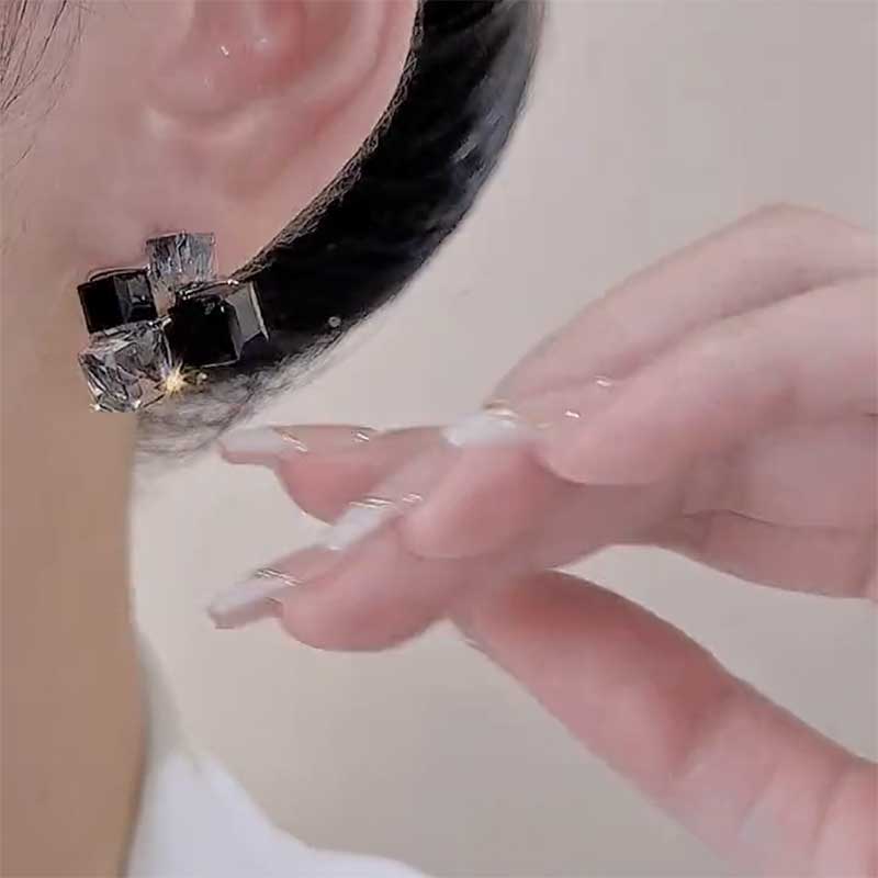 S925银针几何立体方形水晶耳钉女